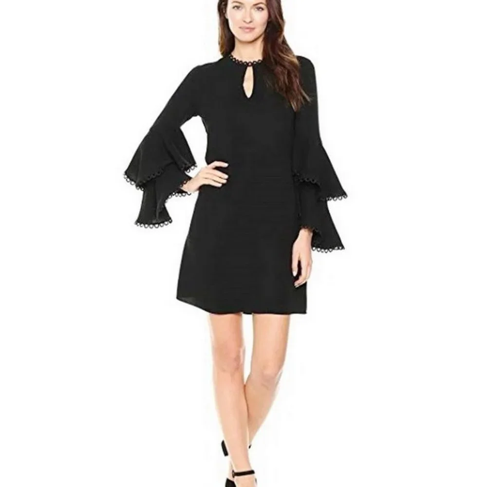 Shoshanna Laced Tiered Bell Sleeve Dress Black 8 - Picture 6 of 11